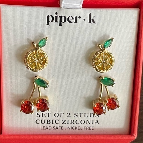 Piper Jewelry - Piper Earrings,Piper Gold and Red Cherry Stud Earrings,Fruit Earrings.